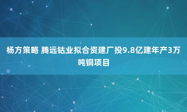 杨方策略 腾远钴业拟合资建厂投9.8亿建年产3万吨铜项目